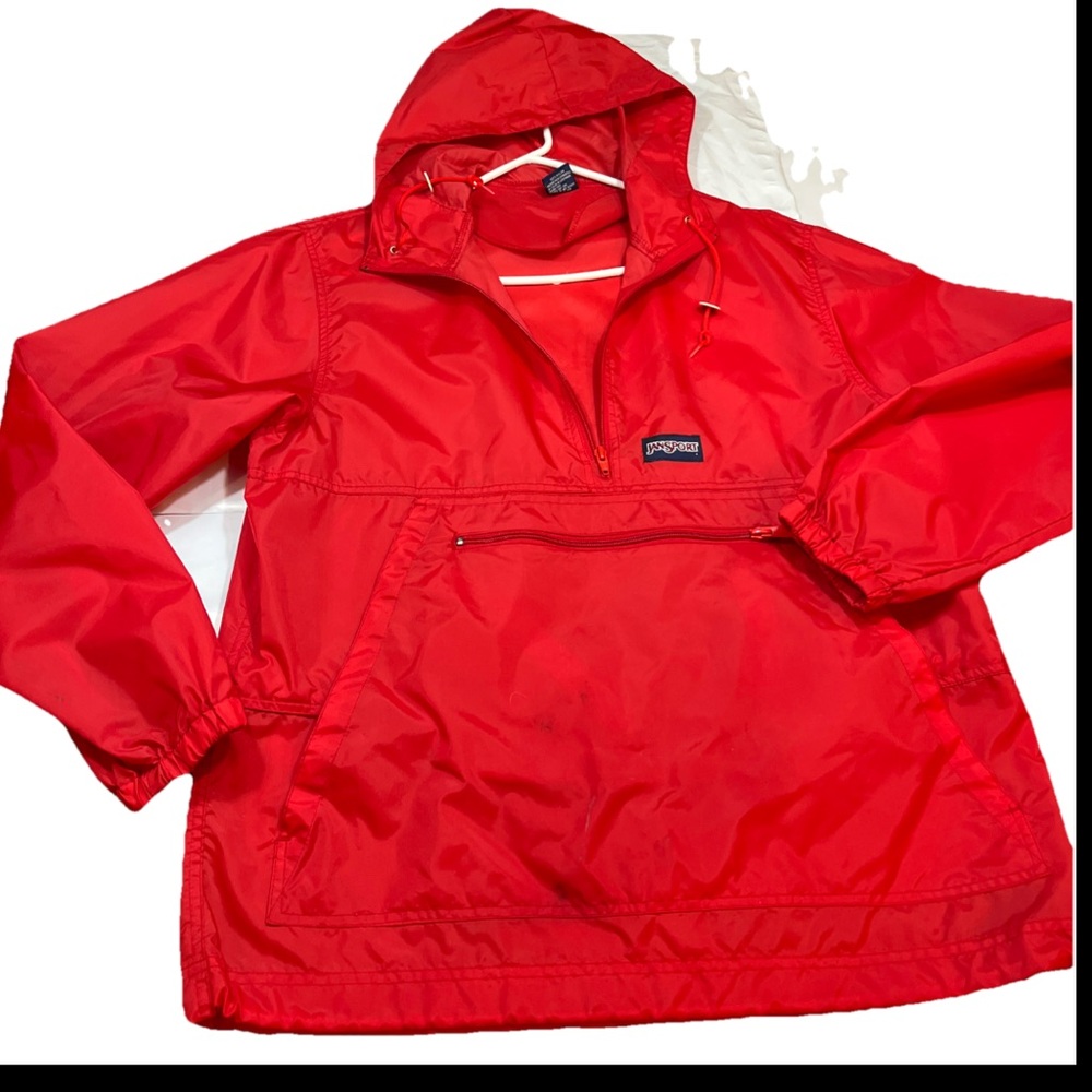Jansport RED HOODED Jacket WINDBREAKER 1/2 Zip BIG Pocket NYLON MENS M VINTAGE